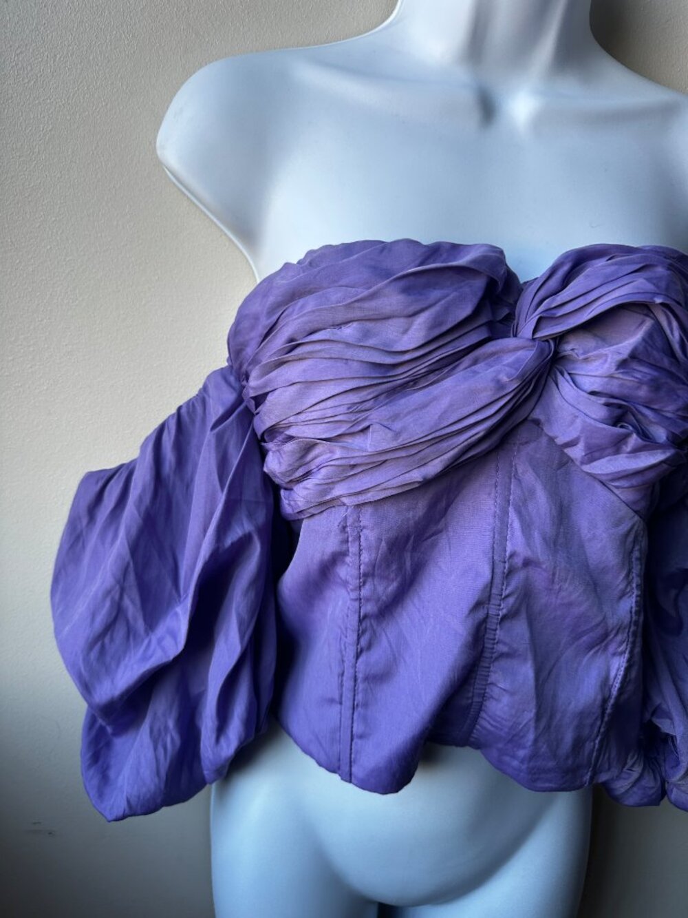 DO+BE Purple Off Shoulder Puff Sleeve Smocked Corset Crop Top Womens L